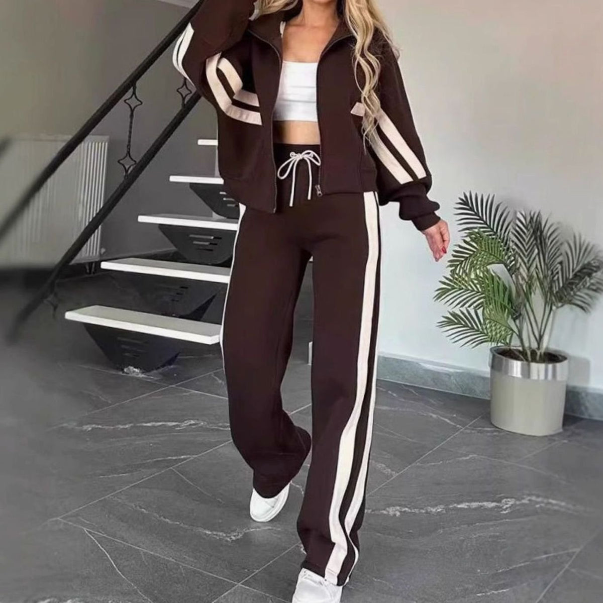 Women's Striped Two-Piece Zip-Up Crop Jacket Wide-Leg Jogger Set - Brown
