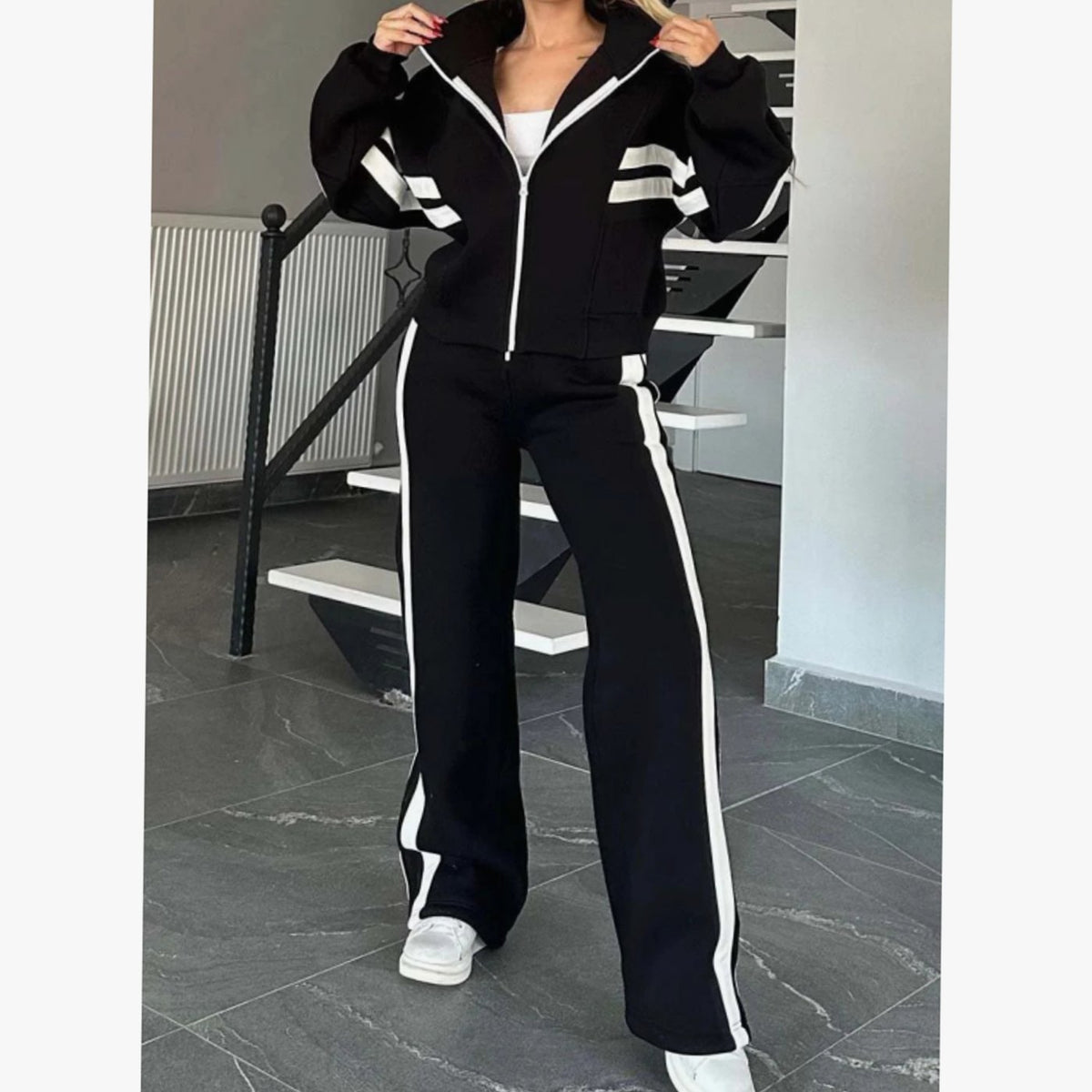 Women's Striped Two-Piece Zip-Up Crop Jacket Wide-Leg Jogger Set - Black