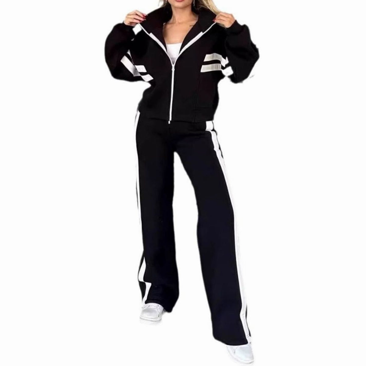 Women's Striped Two-Piece Zip-Up Crop Jacket Wide-Leg Jogger Set