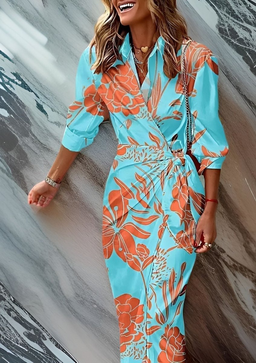 Women's Striped Wrap Midi Long Sleeve Dress - Turquoise