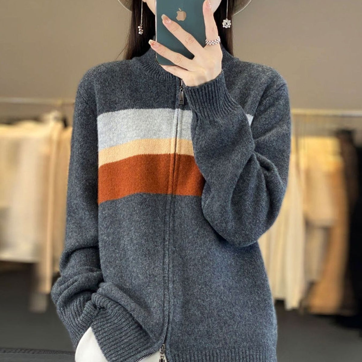 Women's Striped Zip-Up Oversized Knit Cardigan Jumper - Grey