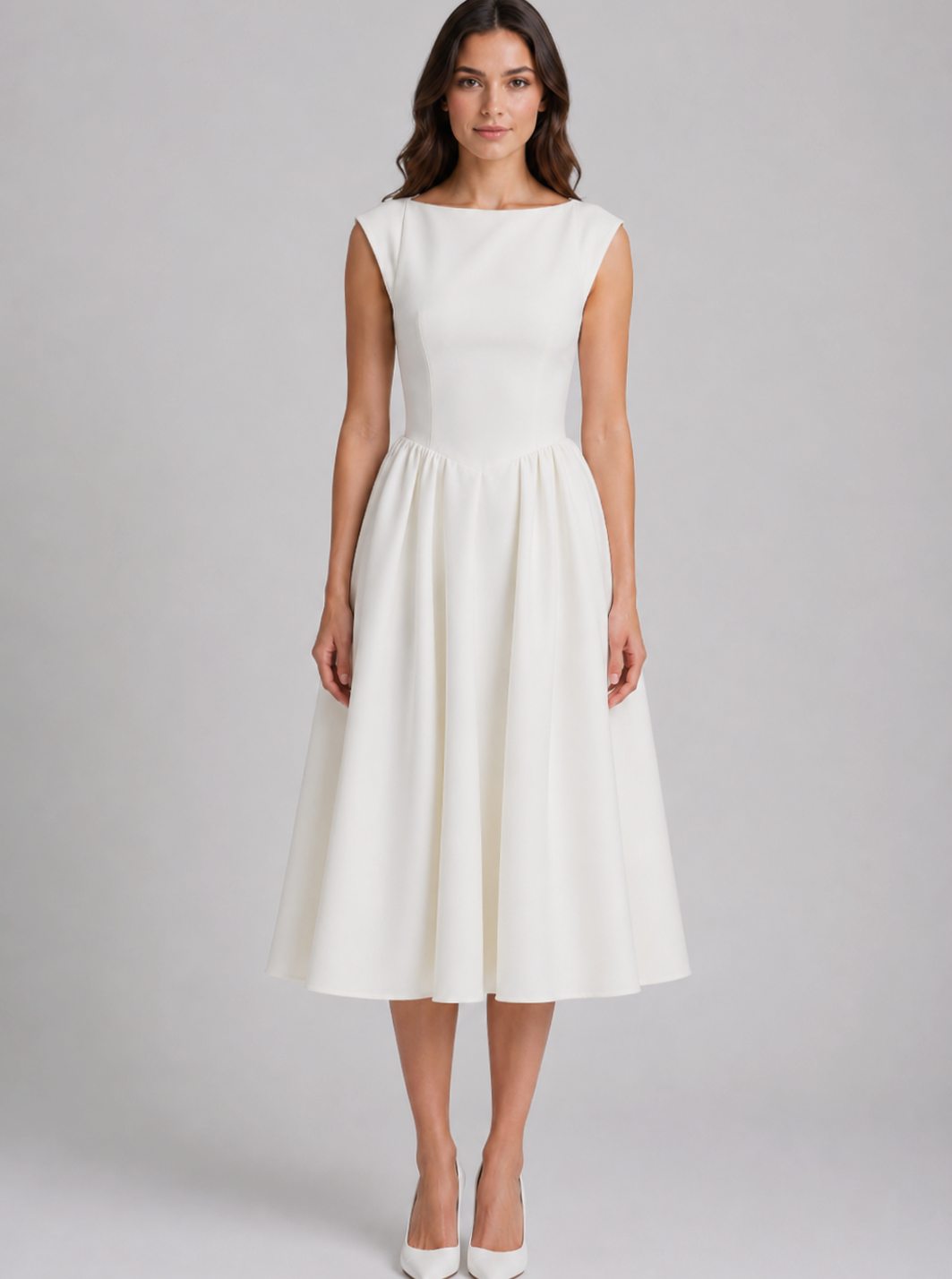 Women's Structured Cap Sleeve Pleated Midi Dress - White