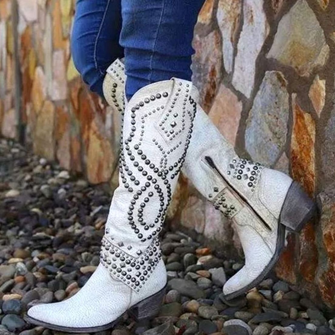 Women's Studded Chunky Heel Knee-High Cowboy Boots - White