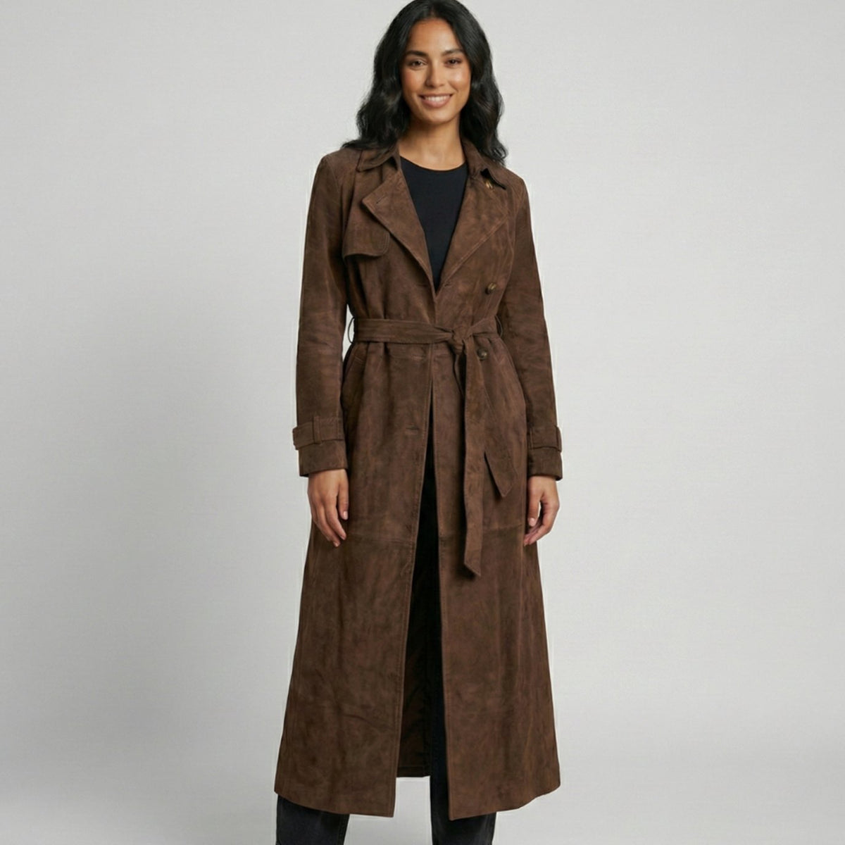 Women's Suede Belted Longline Trench Coat