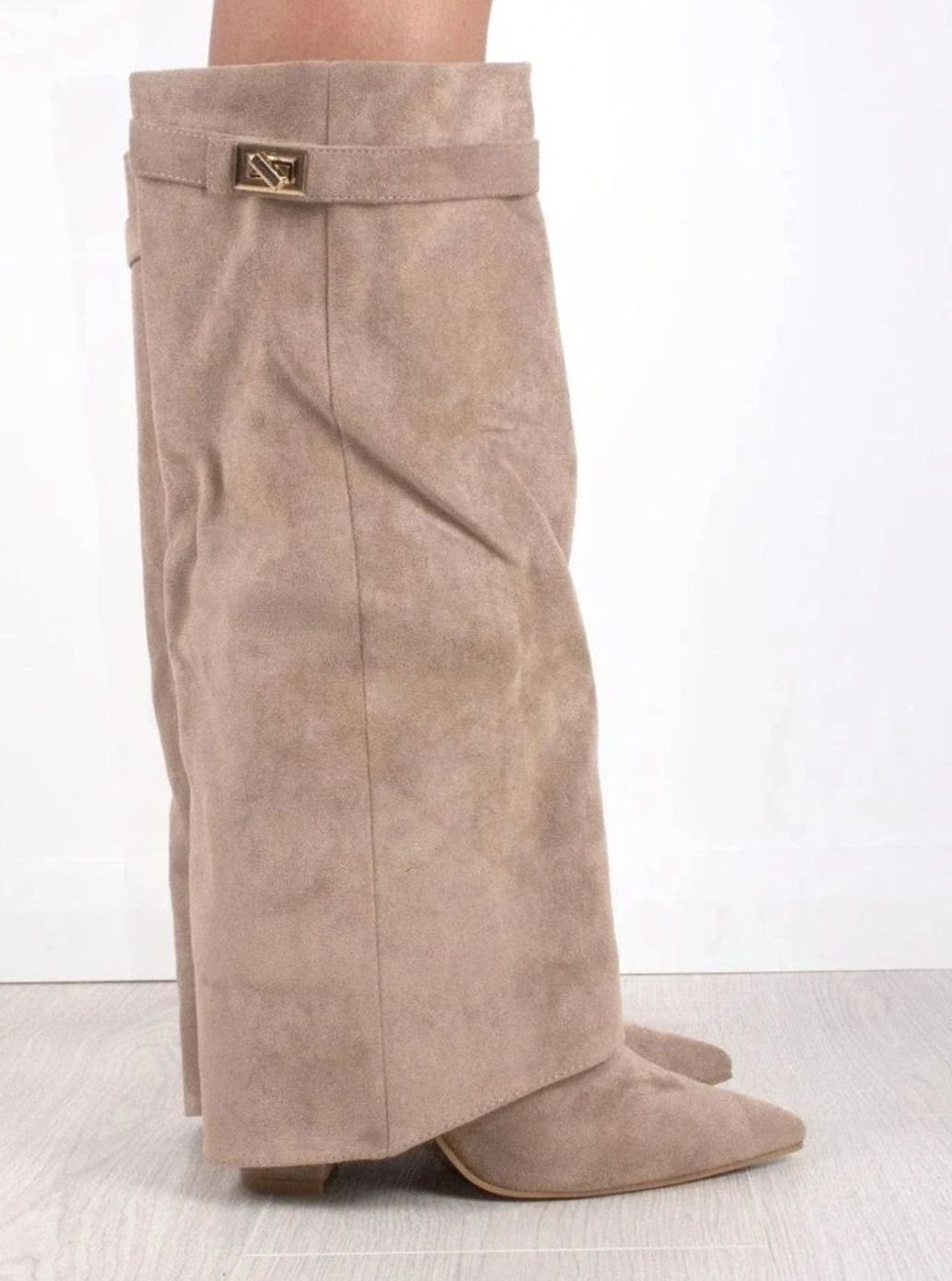 Women's Suede Fold-Over Knee-High Boots Golden Clasp Detail - Beige