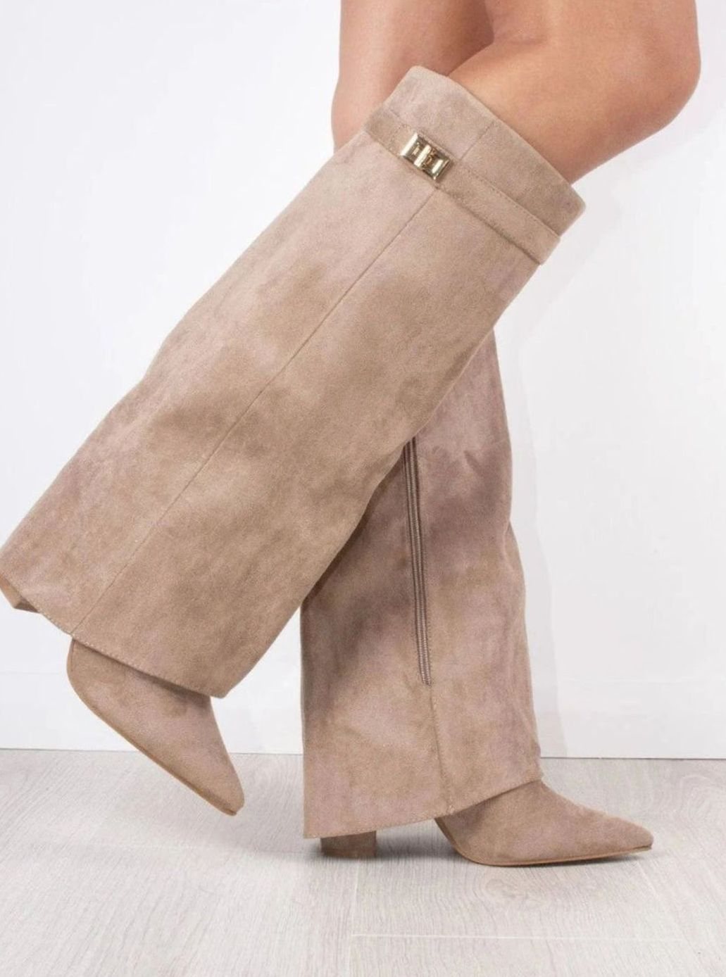 Women's Suede Fold-Over Knee-High Boots Golden Clasp Detail