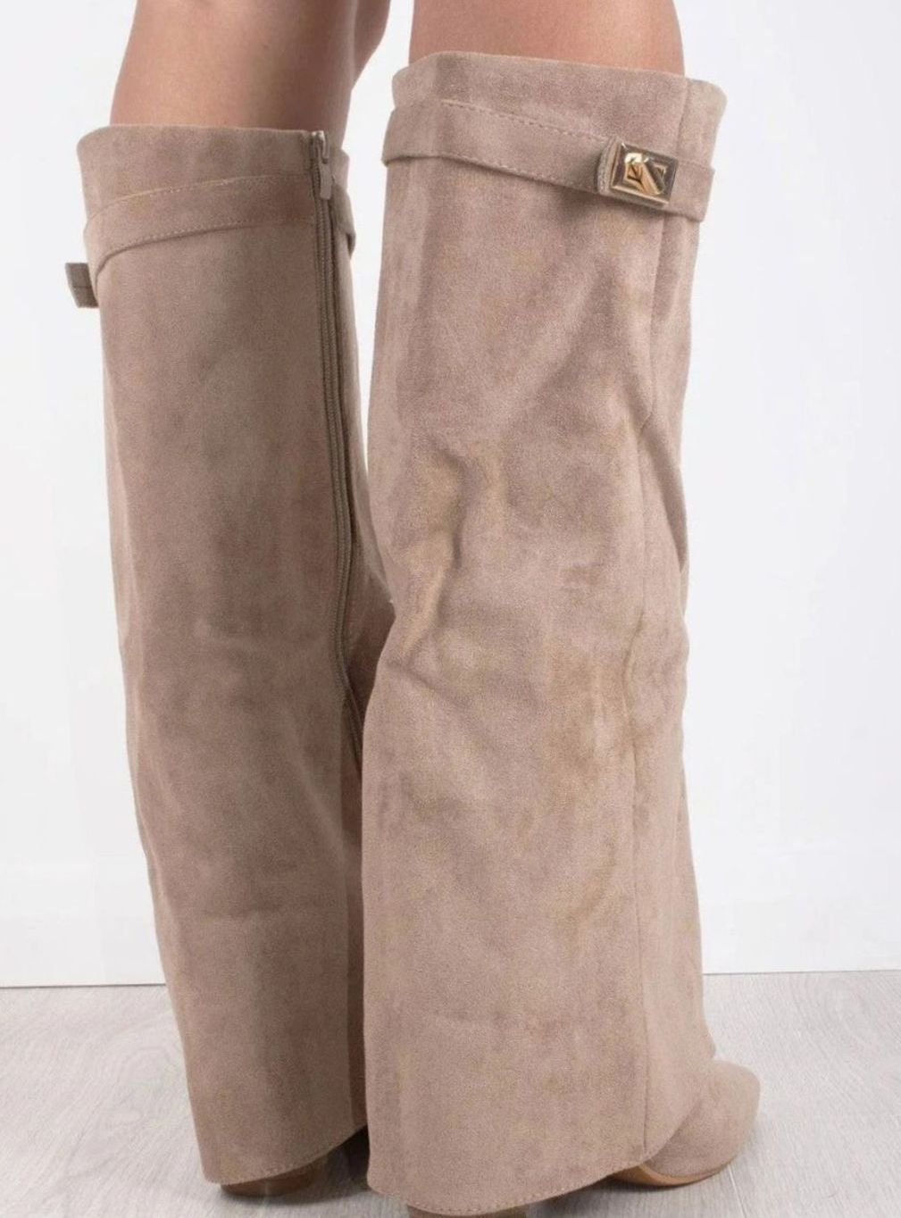 Women's Suede Fold-Over Knee-High Boots Golden Clasp Detail