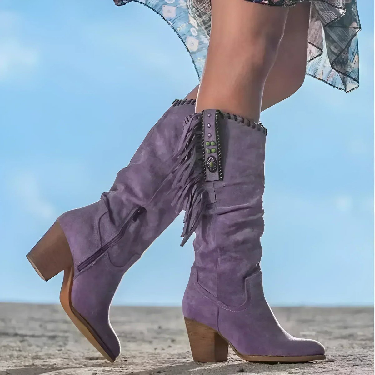 Women's Suede Fringe Western Knee High Boots Block Heel - Purple