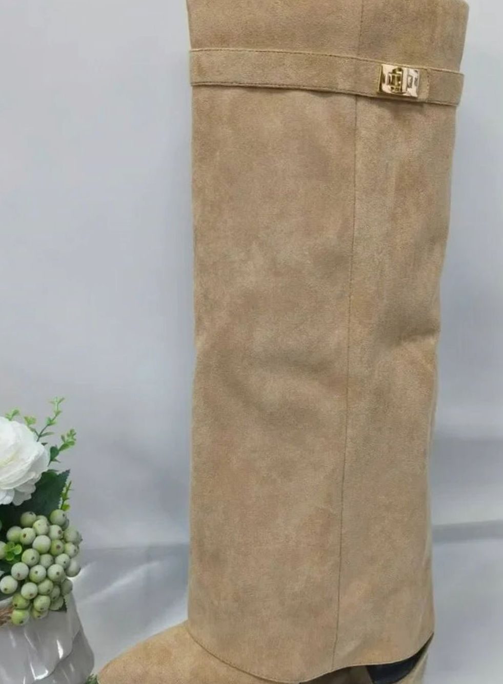 Women's Suede Knee-High Thigh-High Boots Gold Buckle - Apricot
