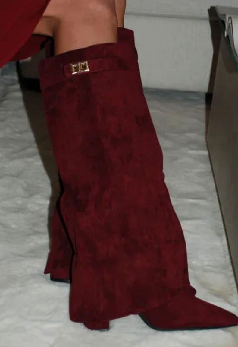 Women's Suede Knee-High Thigh-High Boots Gold Buckle - Red Suede