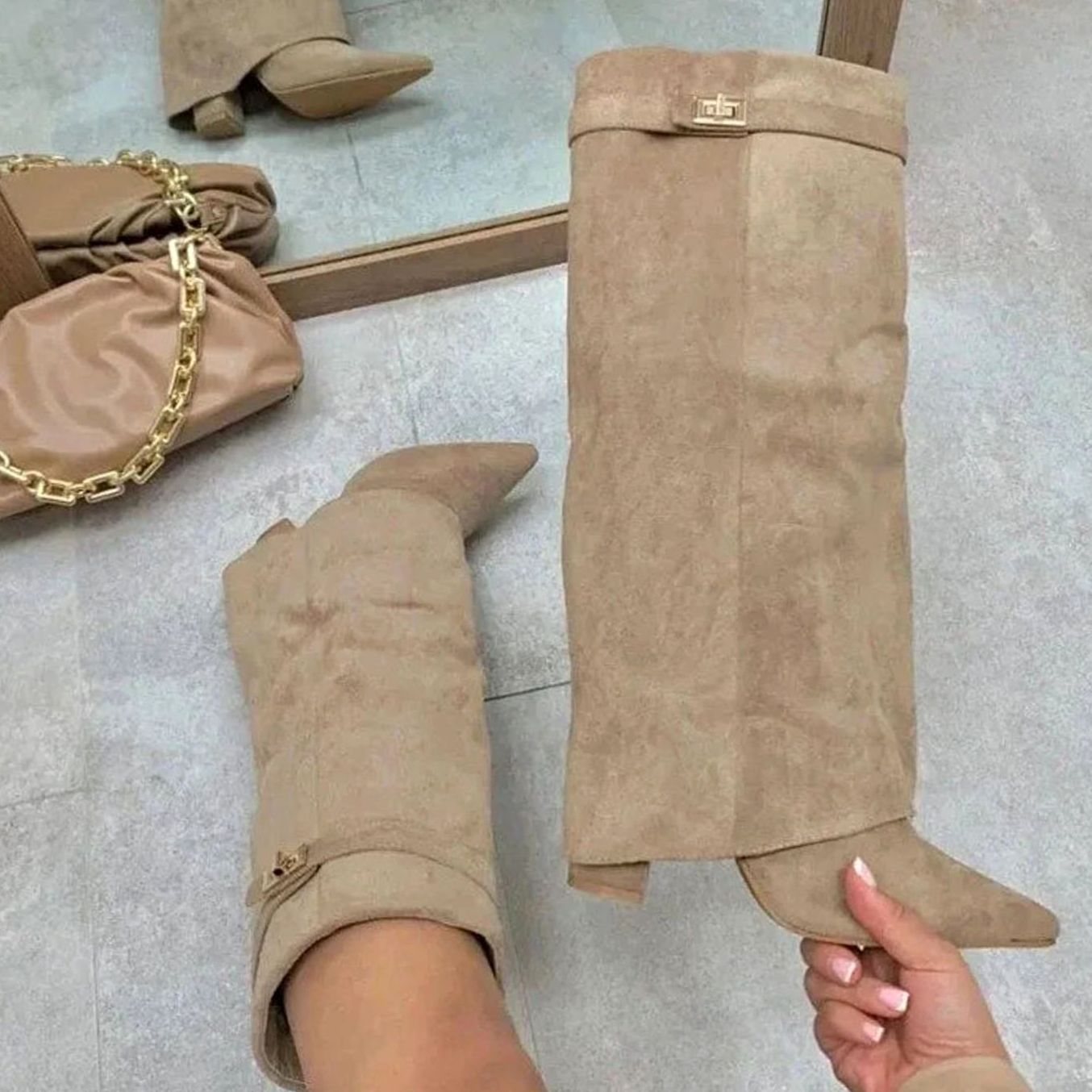 Women's Suede Knee-High Thigh-High Boots Gold Buckle - Apricot Plush