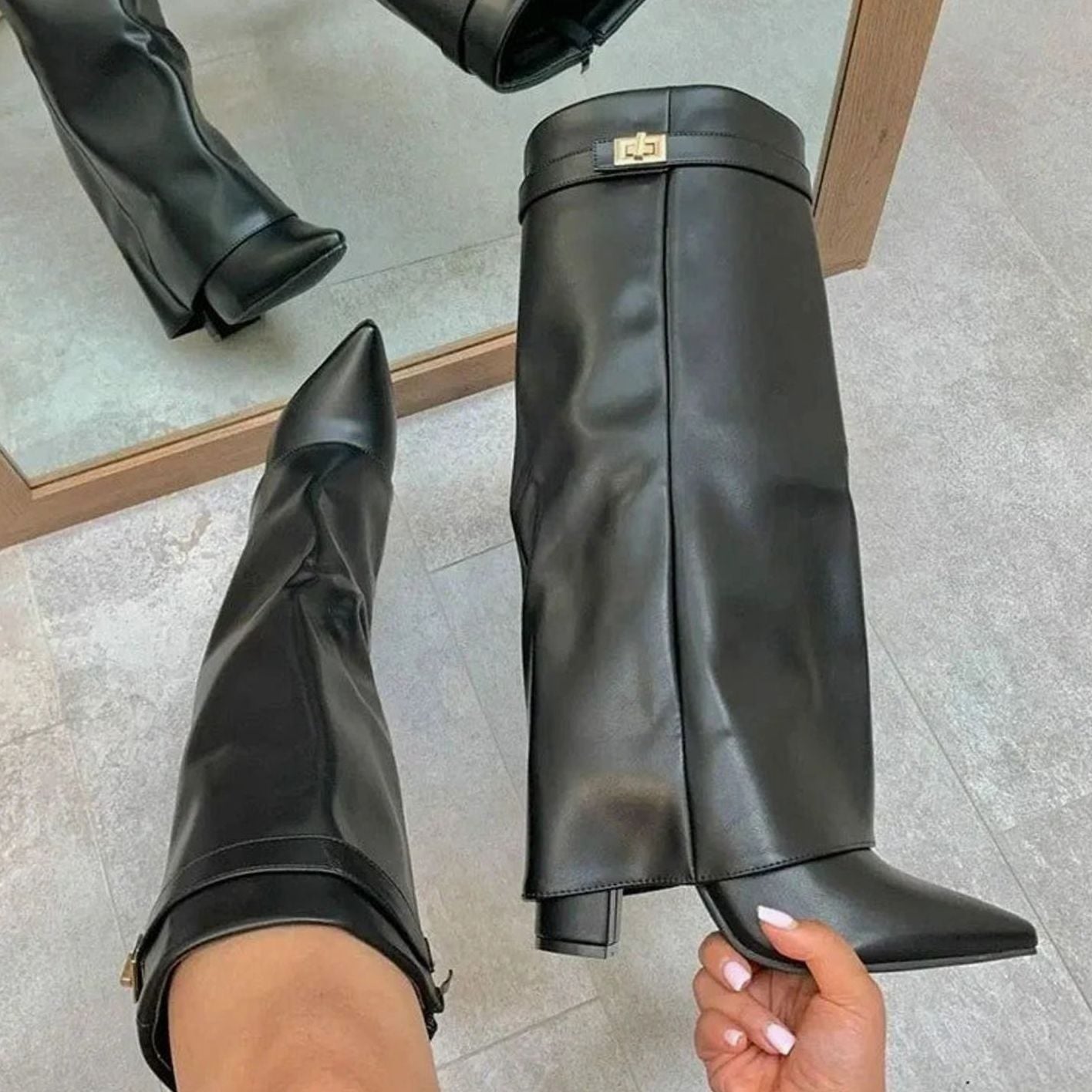 Women's Suede Knee-High Thigh-High Boots Gold Buckle - Black Suede