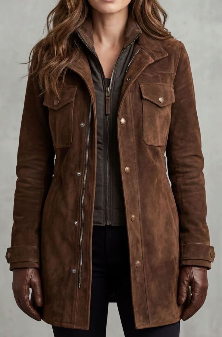Women's Suede Longline Snap-Button Coat - Brown
