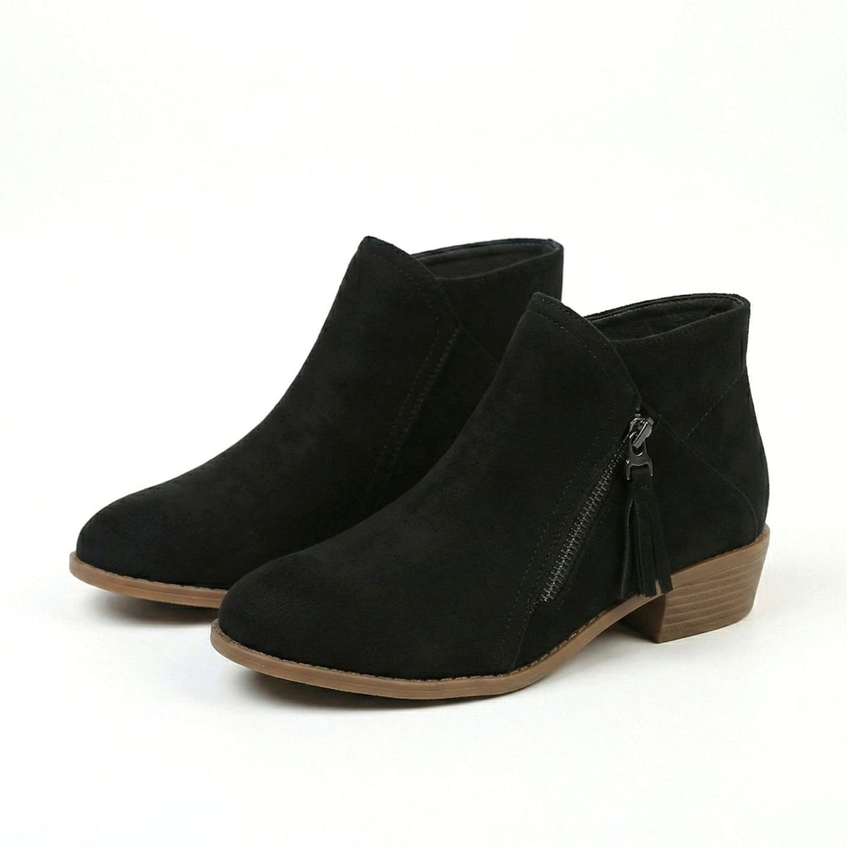Women's Suede-Look Block Heel Ankle Boots Tassel Zip