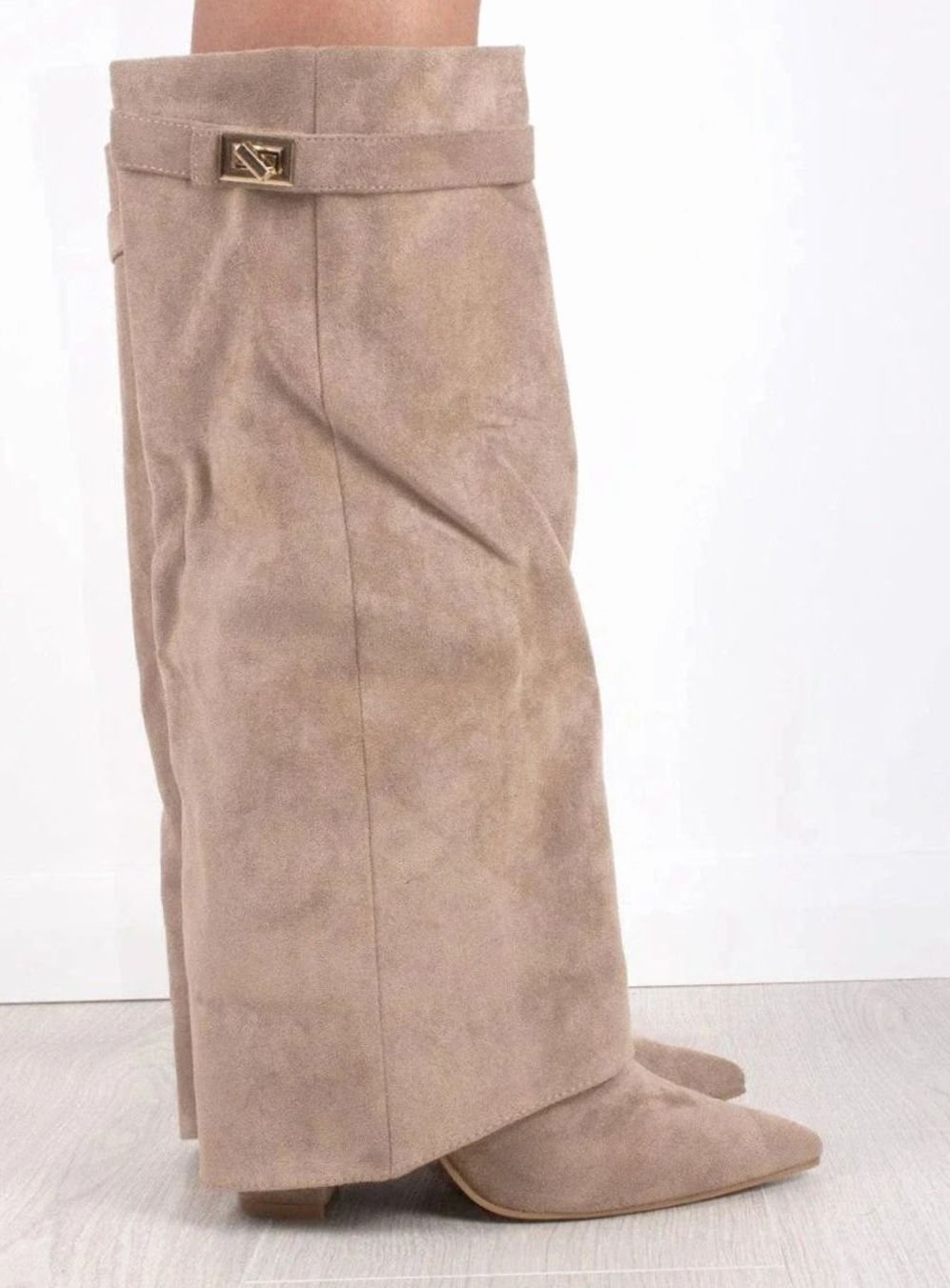Women's Suede Pointed-Toe Gold-Buckle Thigh-High Boots