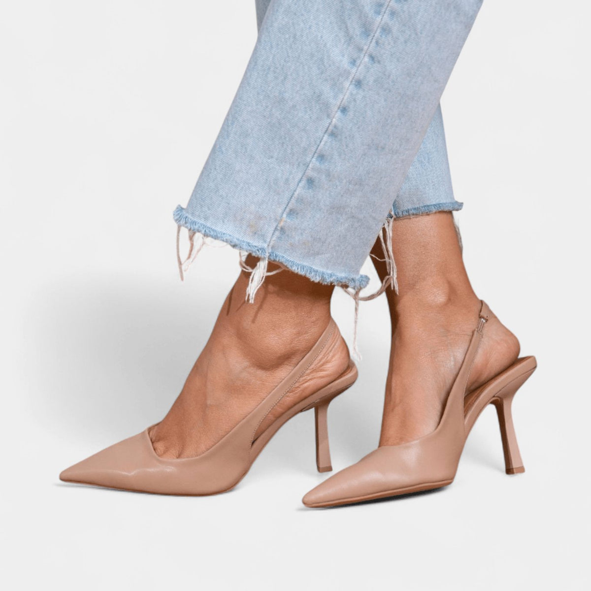 Women's Suede Pointed-Toe Slingback Stiletto Heels - Beige Leather