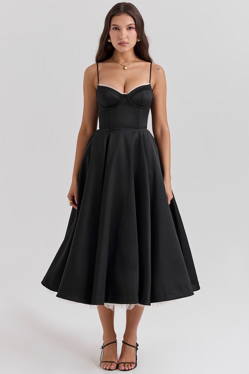 Women's Sweetheart Bustier Midi Cocktail Party Dress Full Skirt - Black