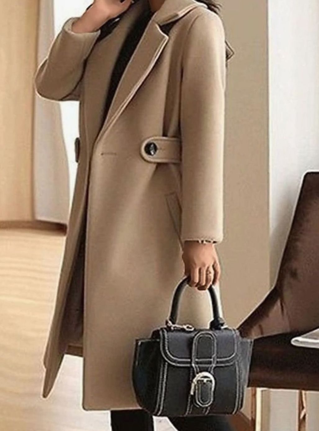Women's Tailored Belted Wool Coat Long Elegant Outerwear