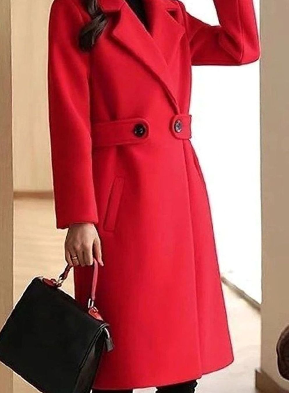 Women's Tailored Belted Wool Coat Long Elegant Outerwear - Red