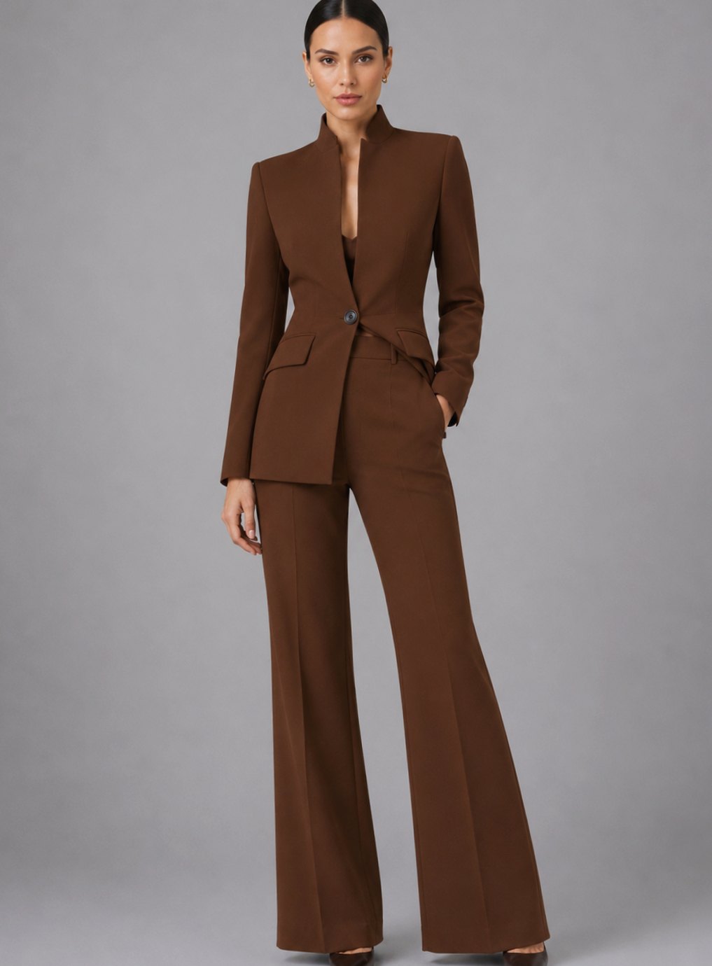 Women's Tailored Collarless Blazer Wide-Leg Trouser Suit Set - Brown