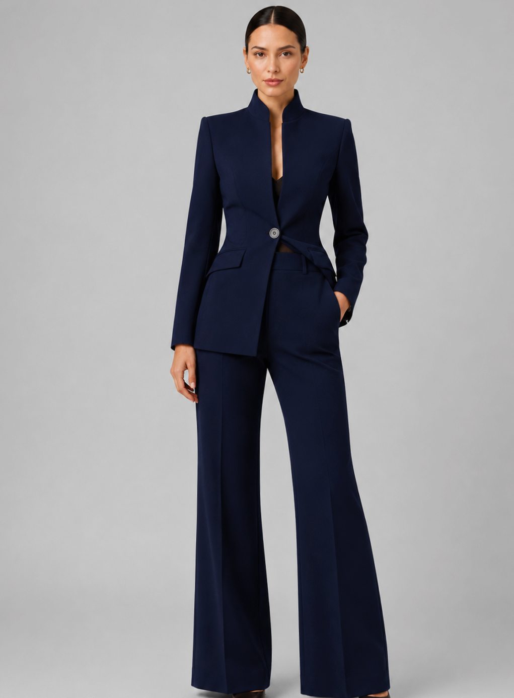 Women's Tailored Collarless Blazer Wide-Leg Trouser Suit Set - Navy