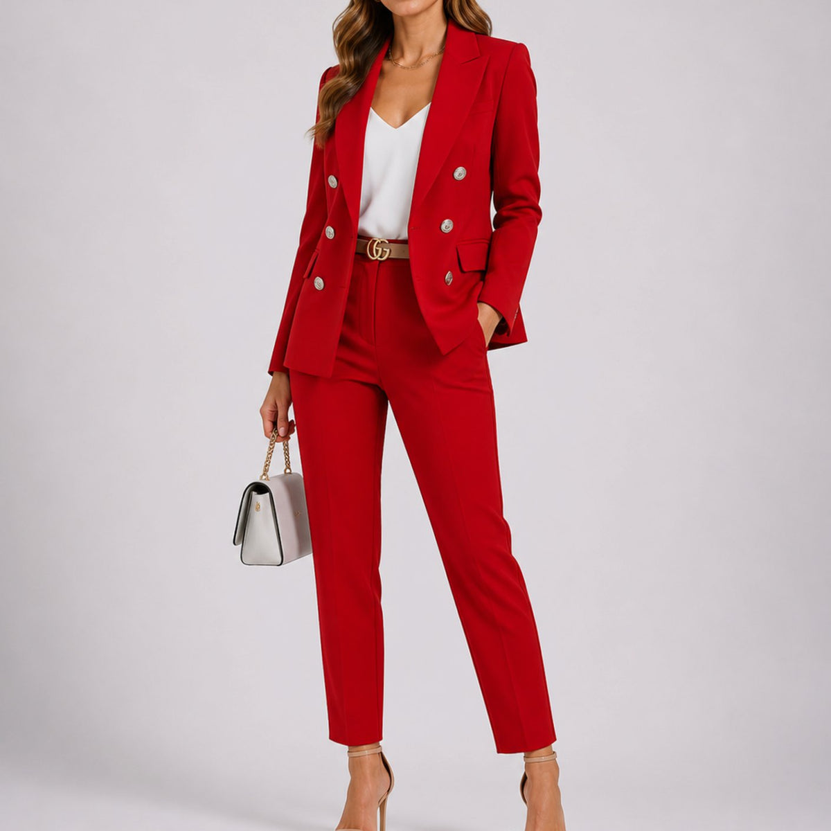 Women's Tailored Double-Breasted Blazer Trouser Co-Ord Suit Set - Red