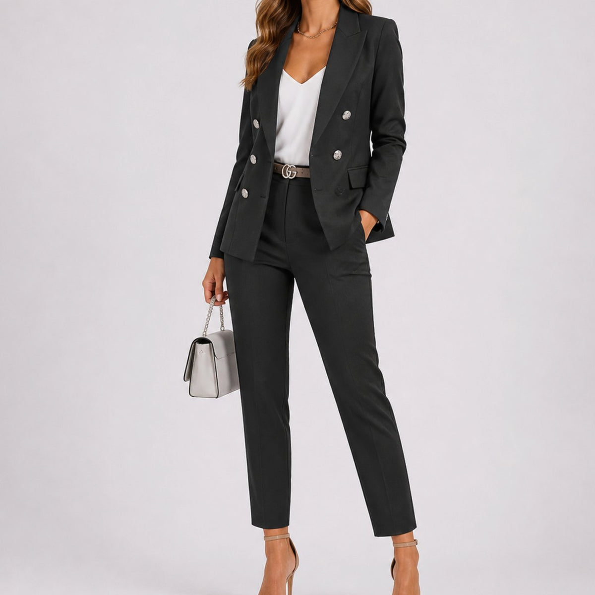 Women's Tailored Double-Breasted Blazer Trouser Co-Ord Suit Set - Black