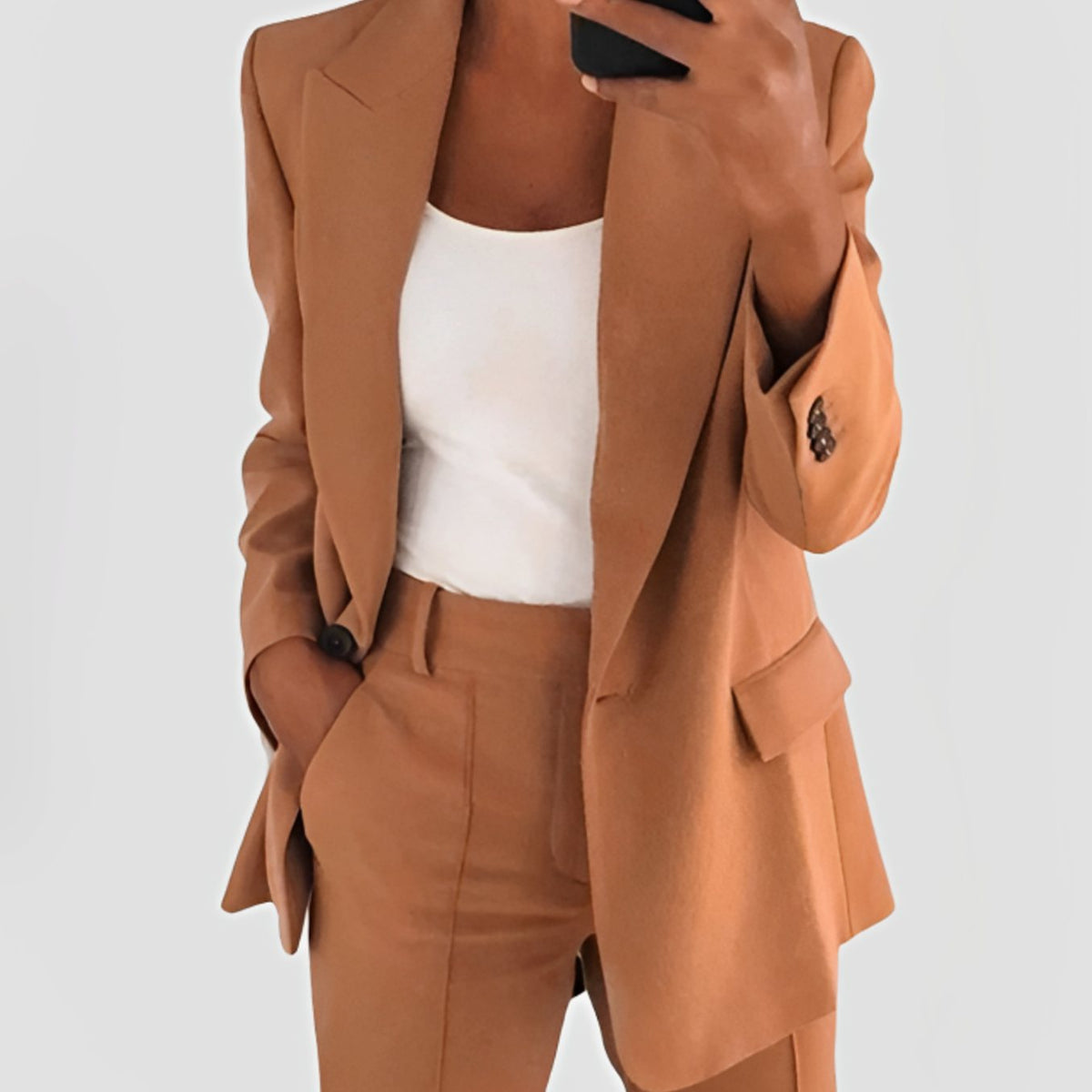 Women's Tailored Open-Front Long Blazer Co-ord Set - Brown