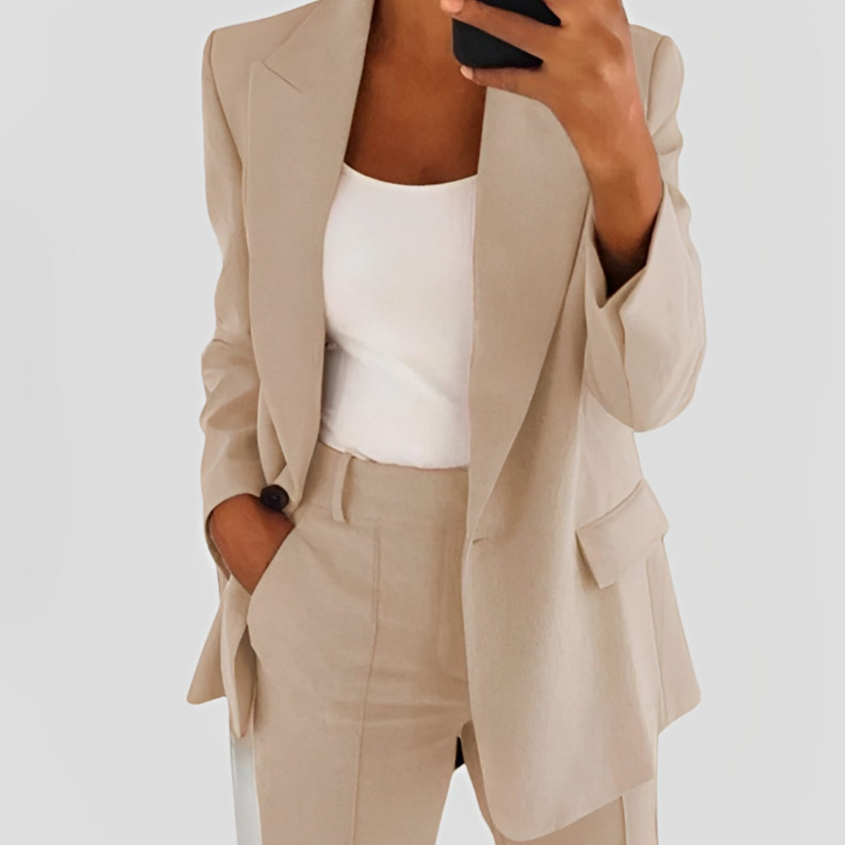 Women's Tailored Open-Front Long Blazer Co-ord Set - Beige