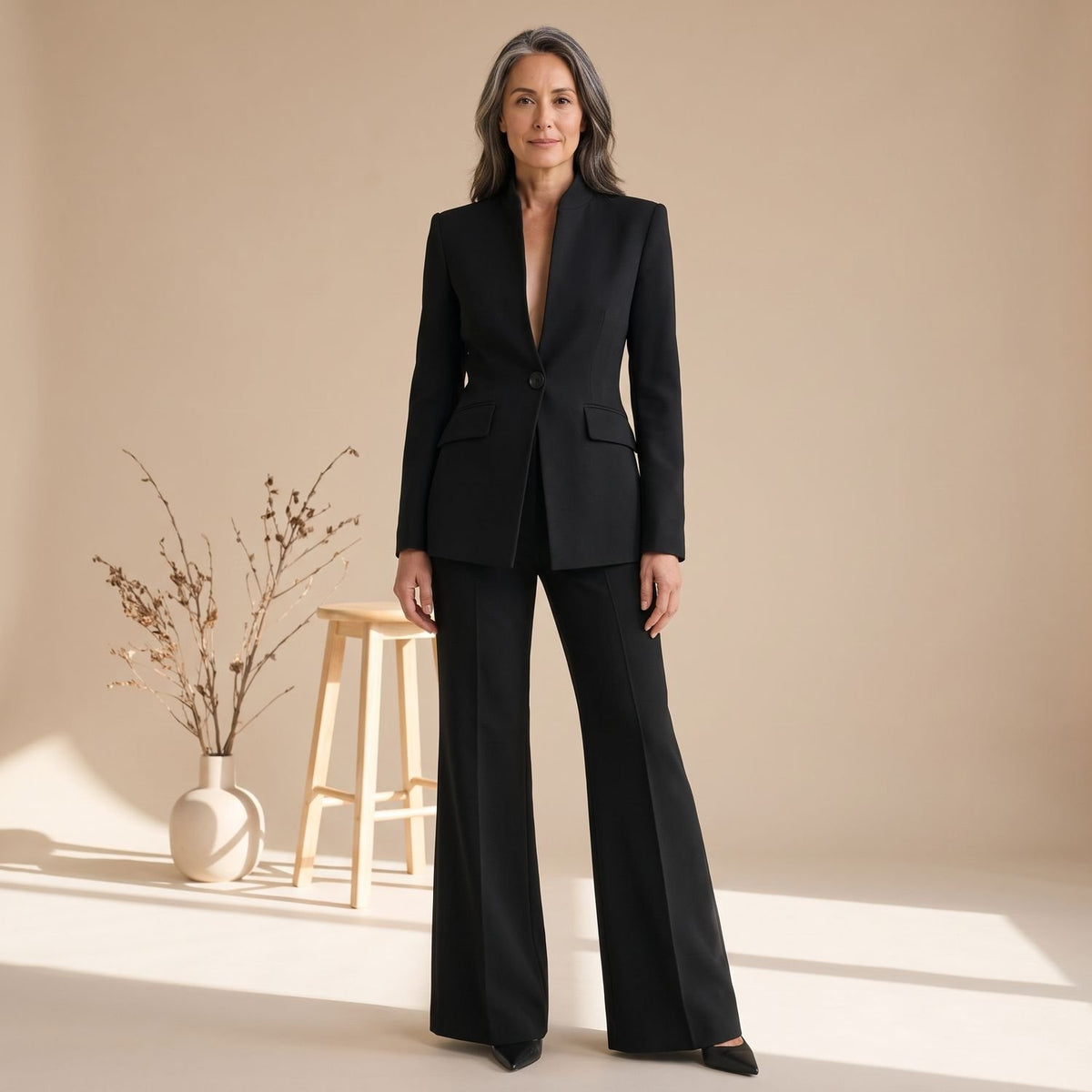 Women's Tailored Single-Button Blazer Wide-Leg Trouser Suit
