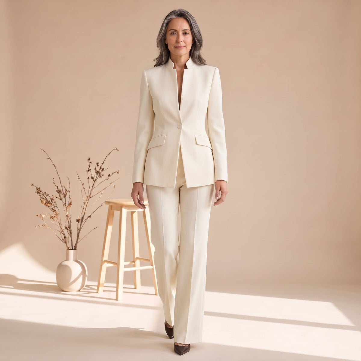 Women's Tailored Single-Button Blazer Wide-Leg Trouser Suit - White