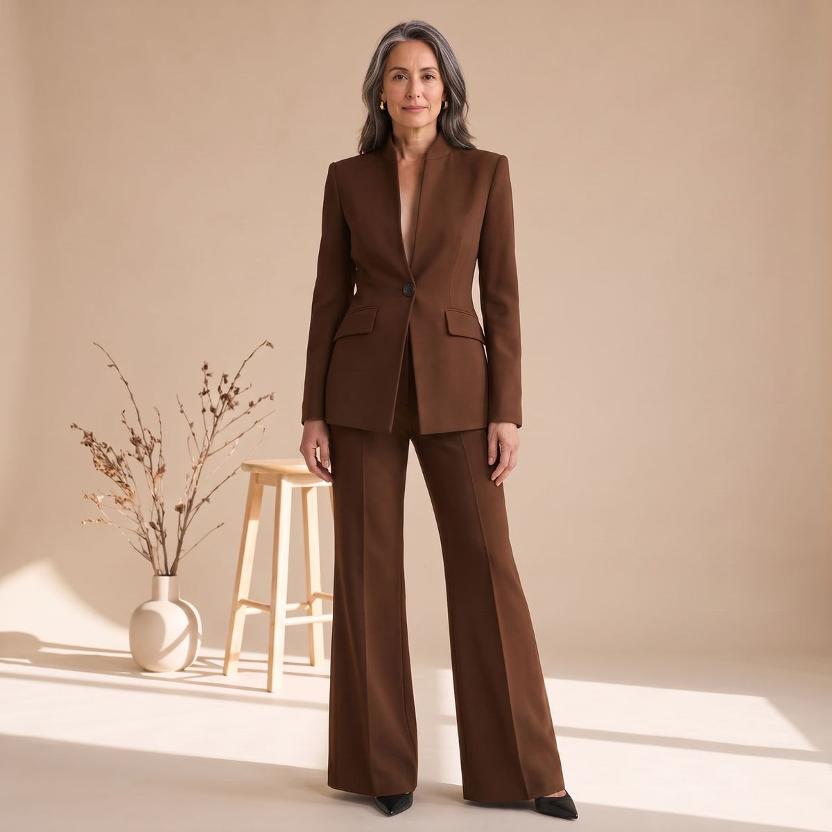 Women's Tailored Single-Button Blazer Wide-Leg Trouser Suit - Brown