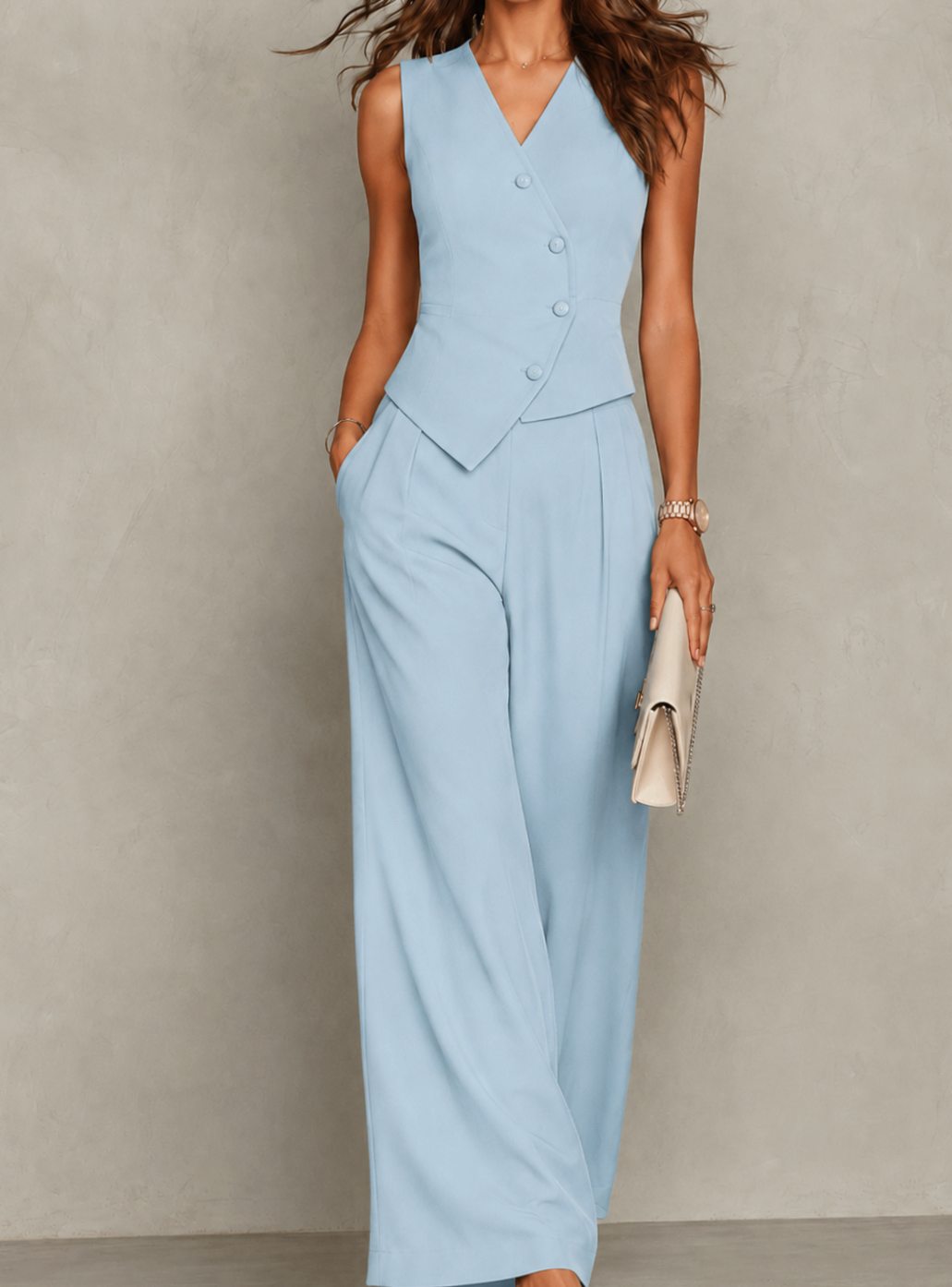 Women's Tailored Sleeveless Waistcoat Wide-Leg Trouser Co-ord Set - Sky Blue
