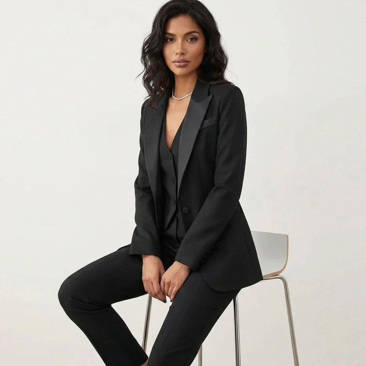 Women's Tailored Three Piece Suit Satin-Lapel Blazer Waistcoat Trousers