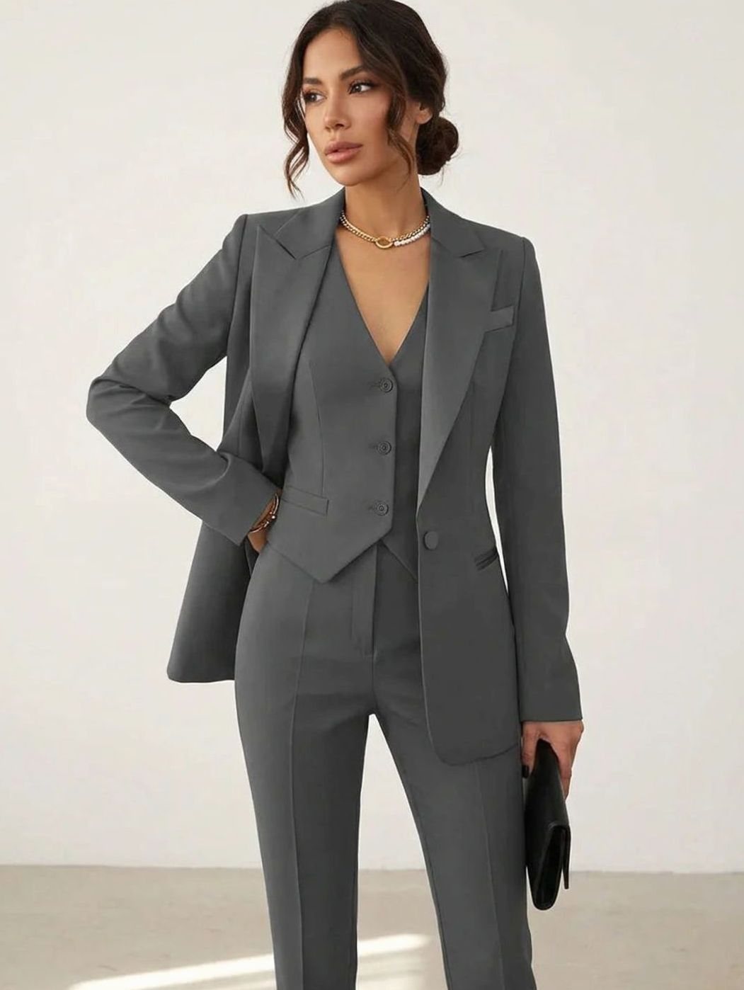 Women's Tailored Three Piece Suit Satin-Lapel Blazer Waistcoat Trousers - Grey