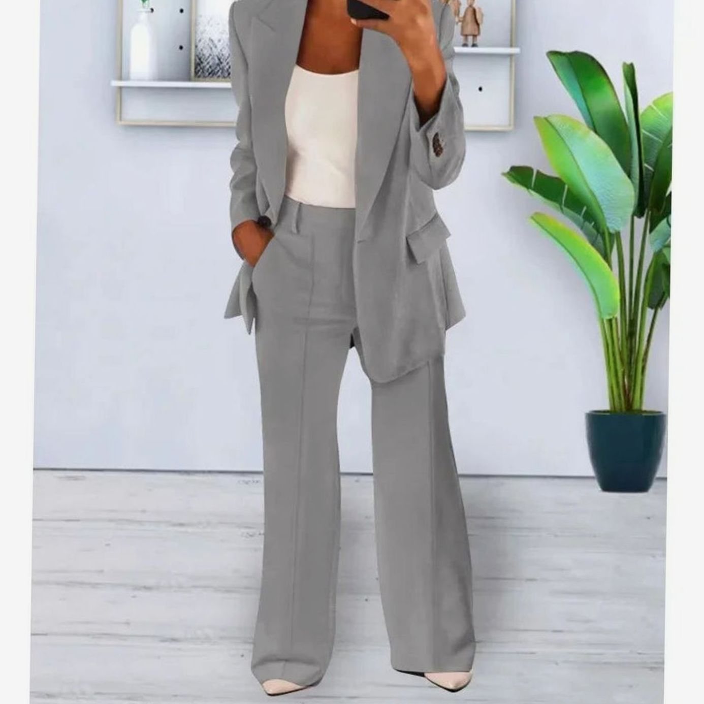 Women's Tailored Two-Piece Suit Set Long Blazer Wide-Leg Trousers - Grey