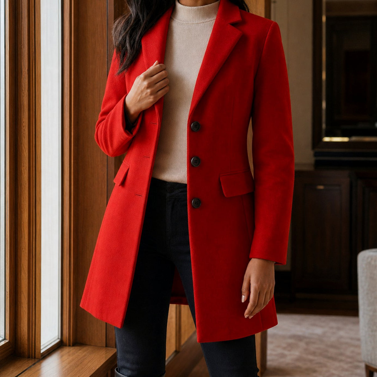Women's Tailored Wool-Blend Button-Front Coat - Red