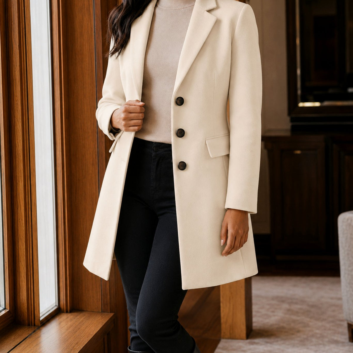 Women's Tailored Wool-Blend Button-Front Coat - Creamy White