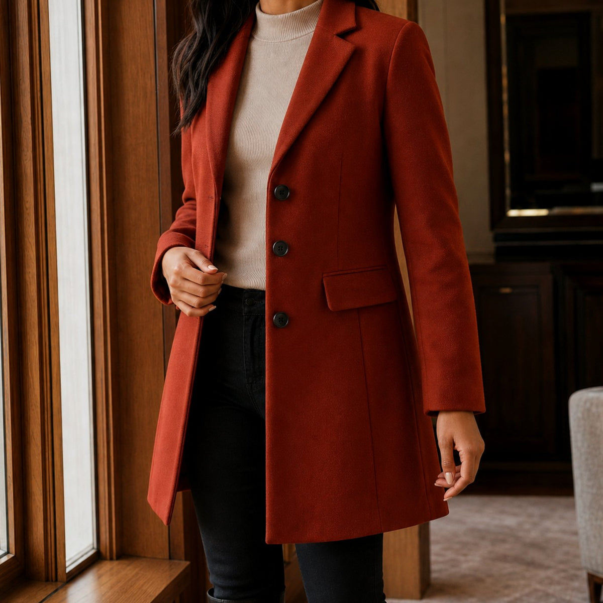 Women's Tailored Wool-Blend Button-Front Coat - Brick Red