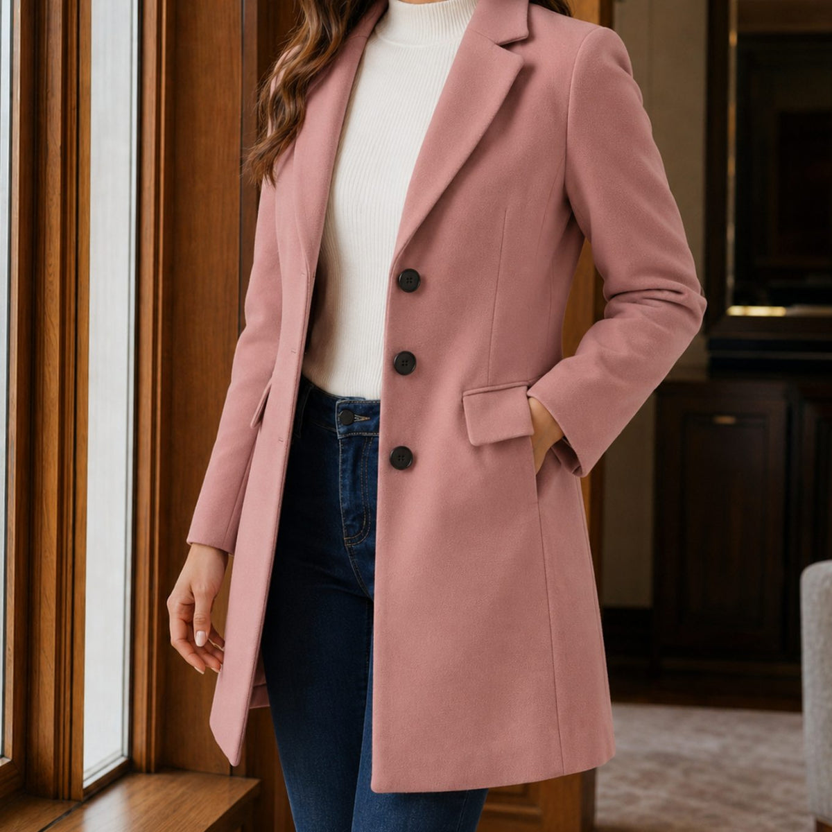 Women's Tailored Wool-Blend Button-Front Coat - Pink