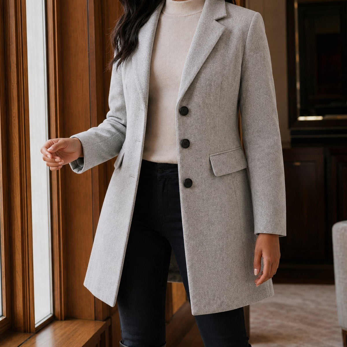 Women's Tailored Wool-Blend Button-Front Coat - Light Grey