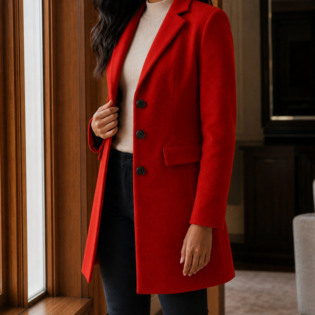 Women's Tailored Wool-Blend Button-Front Coat