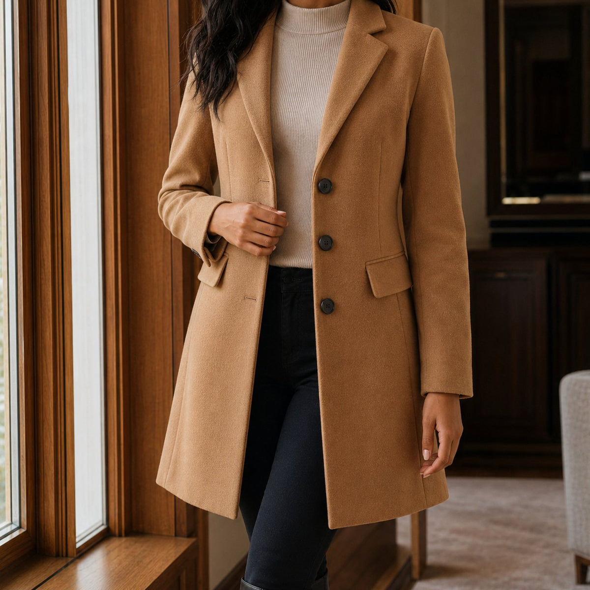 Women's Tailored Wool-Blend Button-Front Coat - Brown