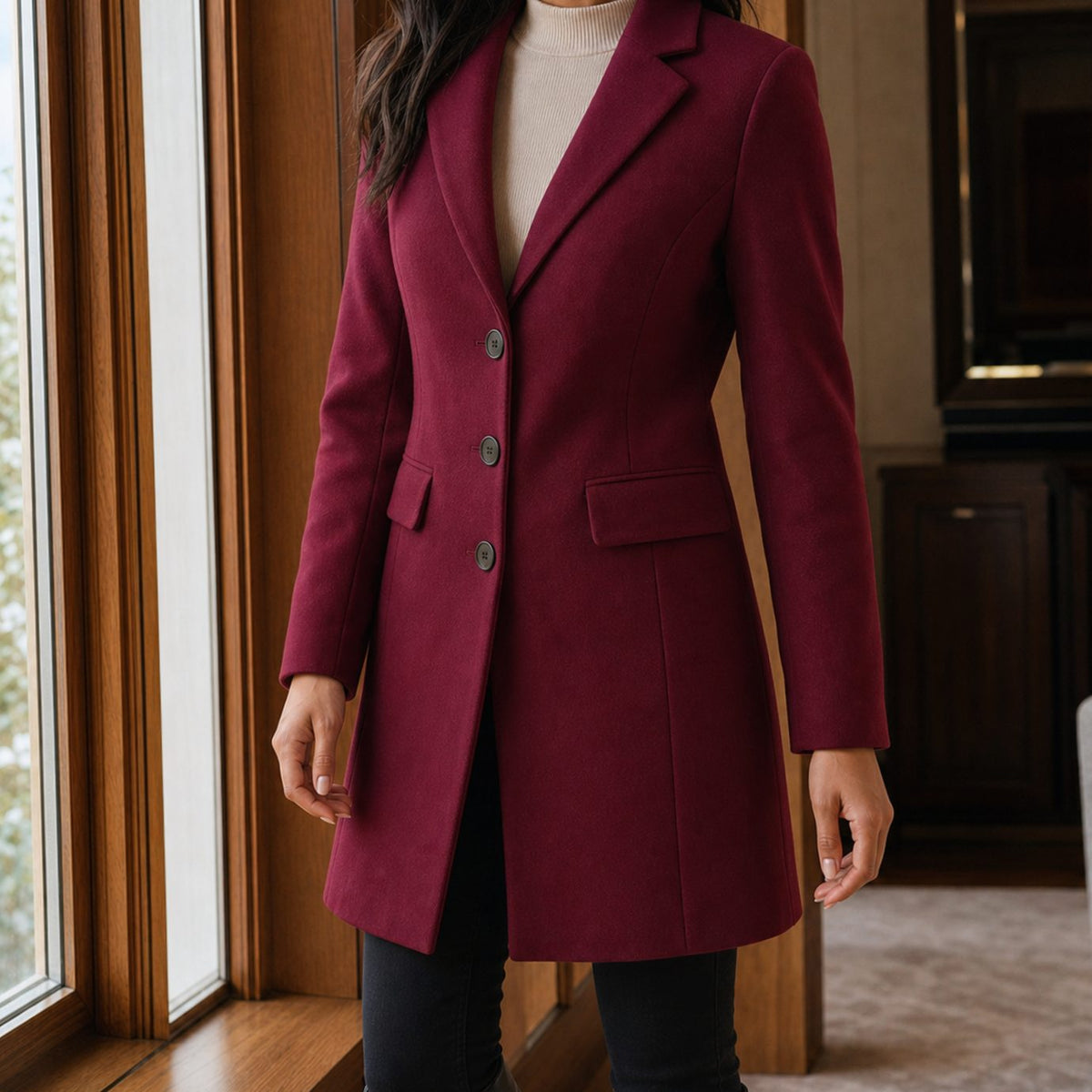 Women's Tailored Wool-Blend Button-Front Coat - Burgundy
