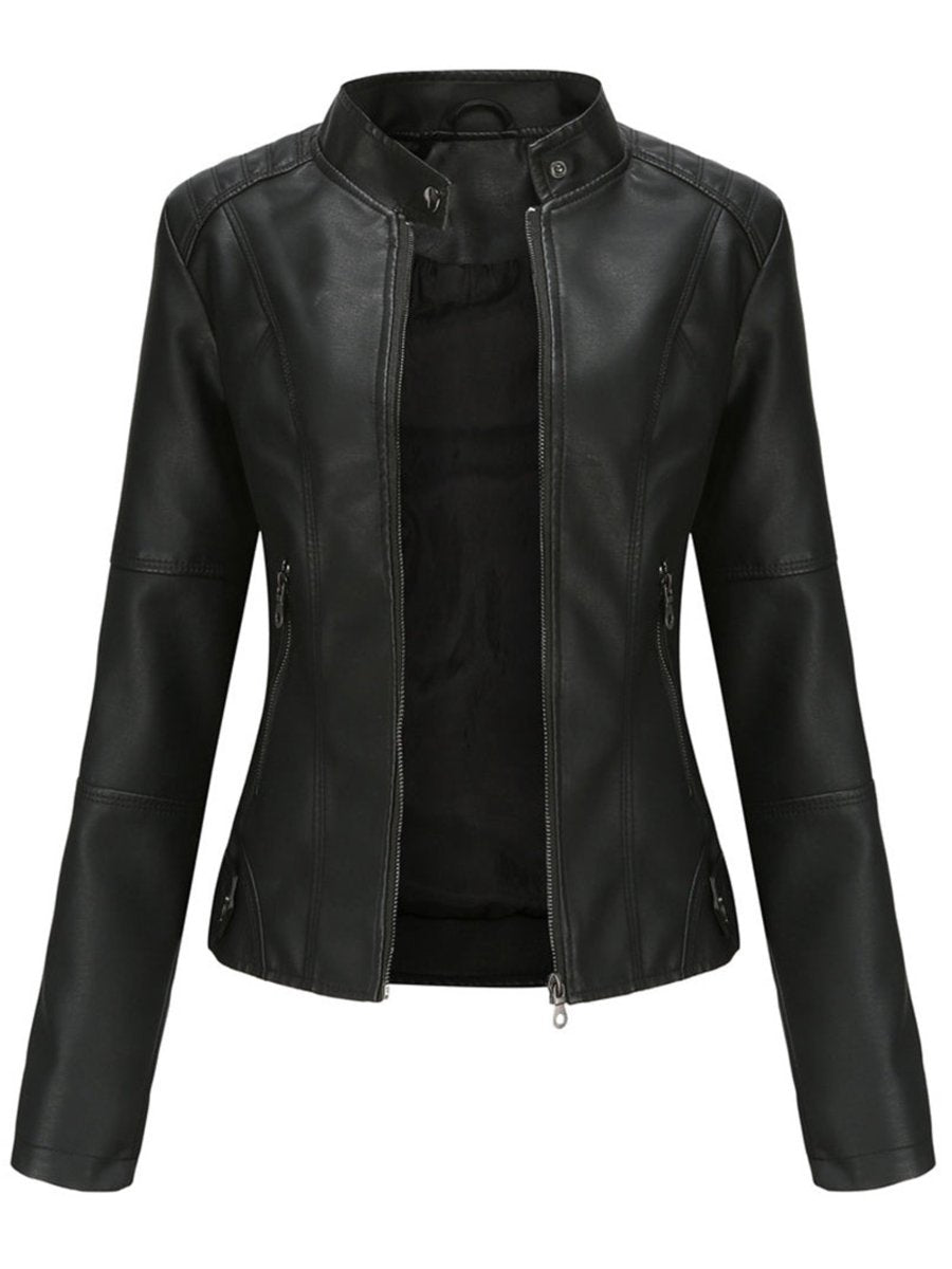 Women's Tailored Zip-Up Faux Leather Biker Jacket - Black