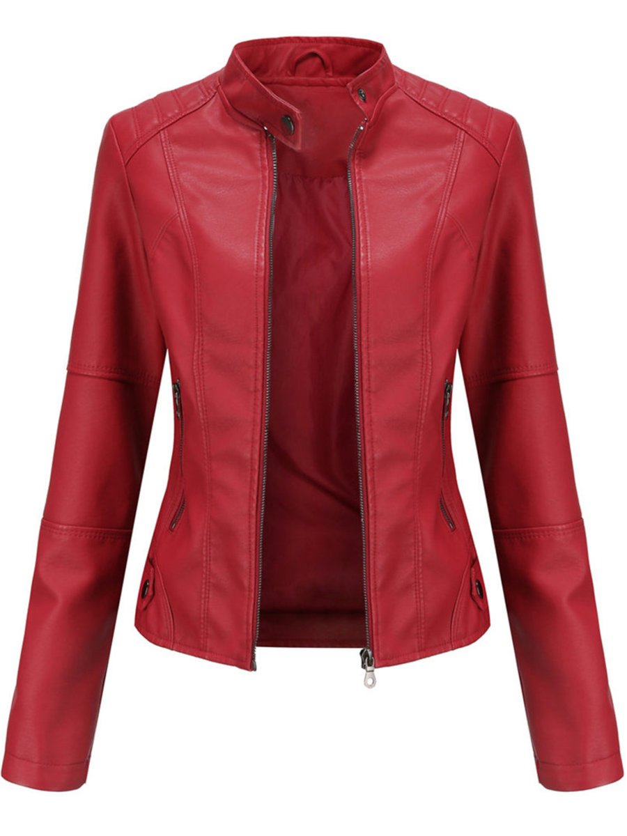 Women's Tailored Zip-Up Faux Leather Biker Jacket - Red