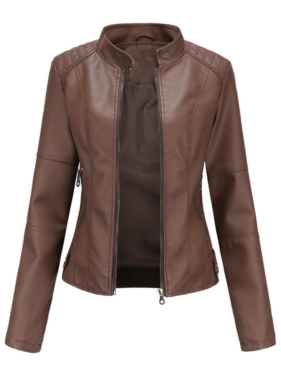 Women's Tailored Zip-Up Faux Leather Biker Jacket - Dark Brown