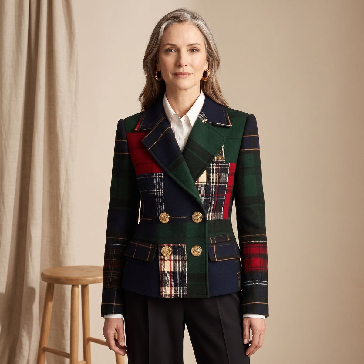 Women's Tartan Double-Breasted Structured Wool Blazer Jacket - Green