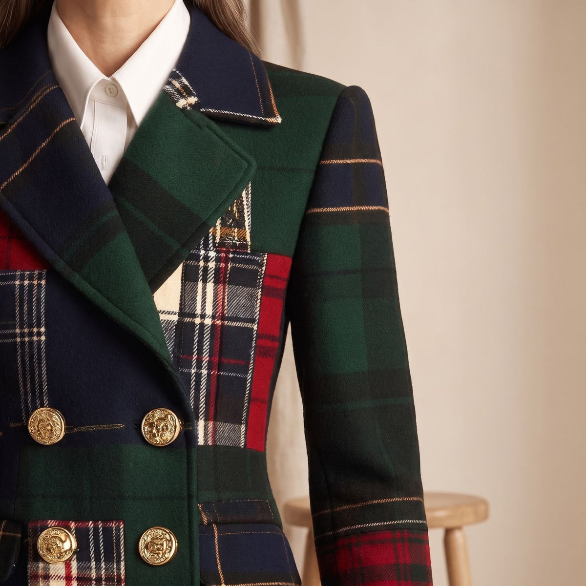 Women's Tartan Double-Breasted Structured Wool Blazer Jacket
