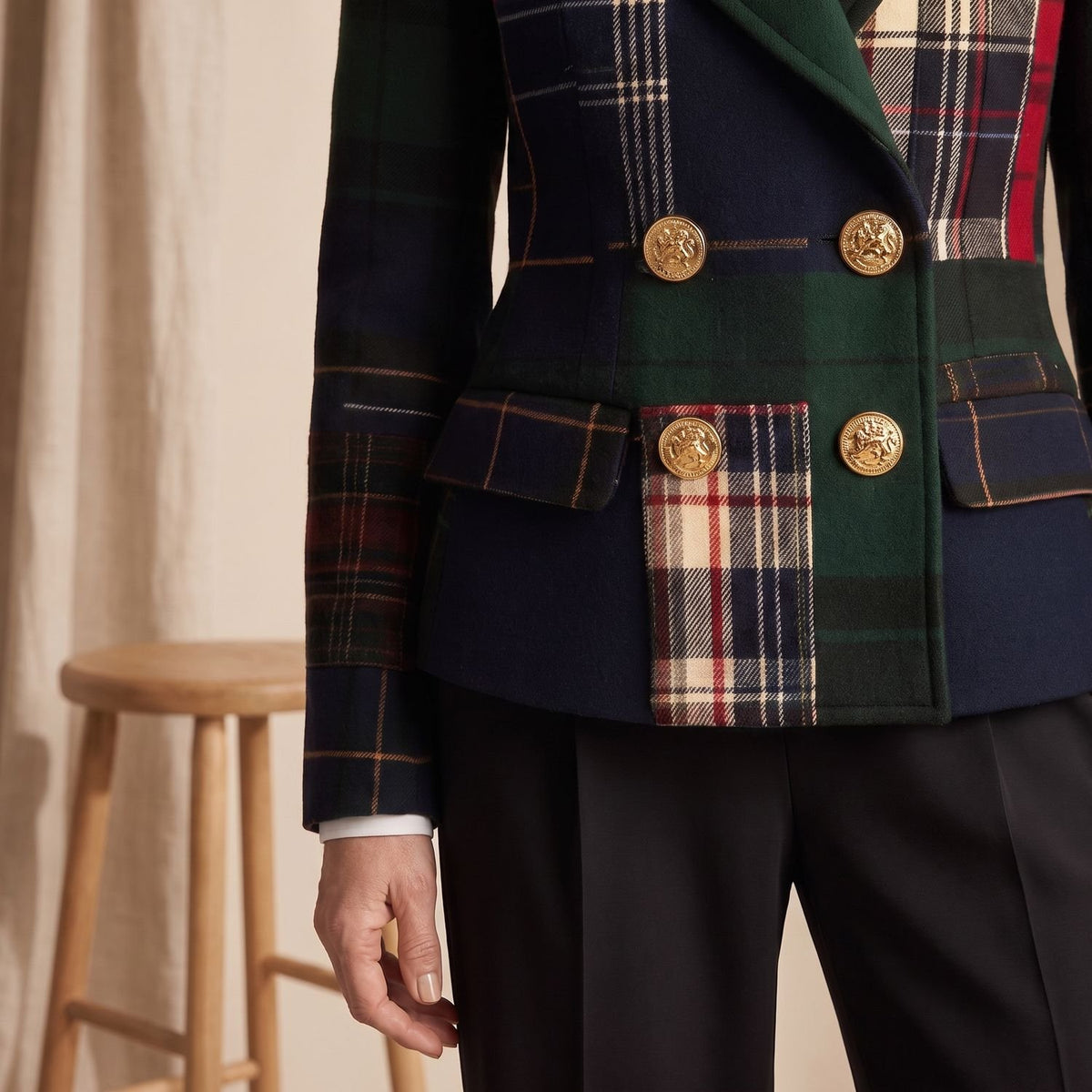 Women's Tartan Double-Breasted Structured Wool Blazer Jacket